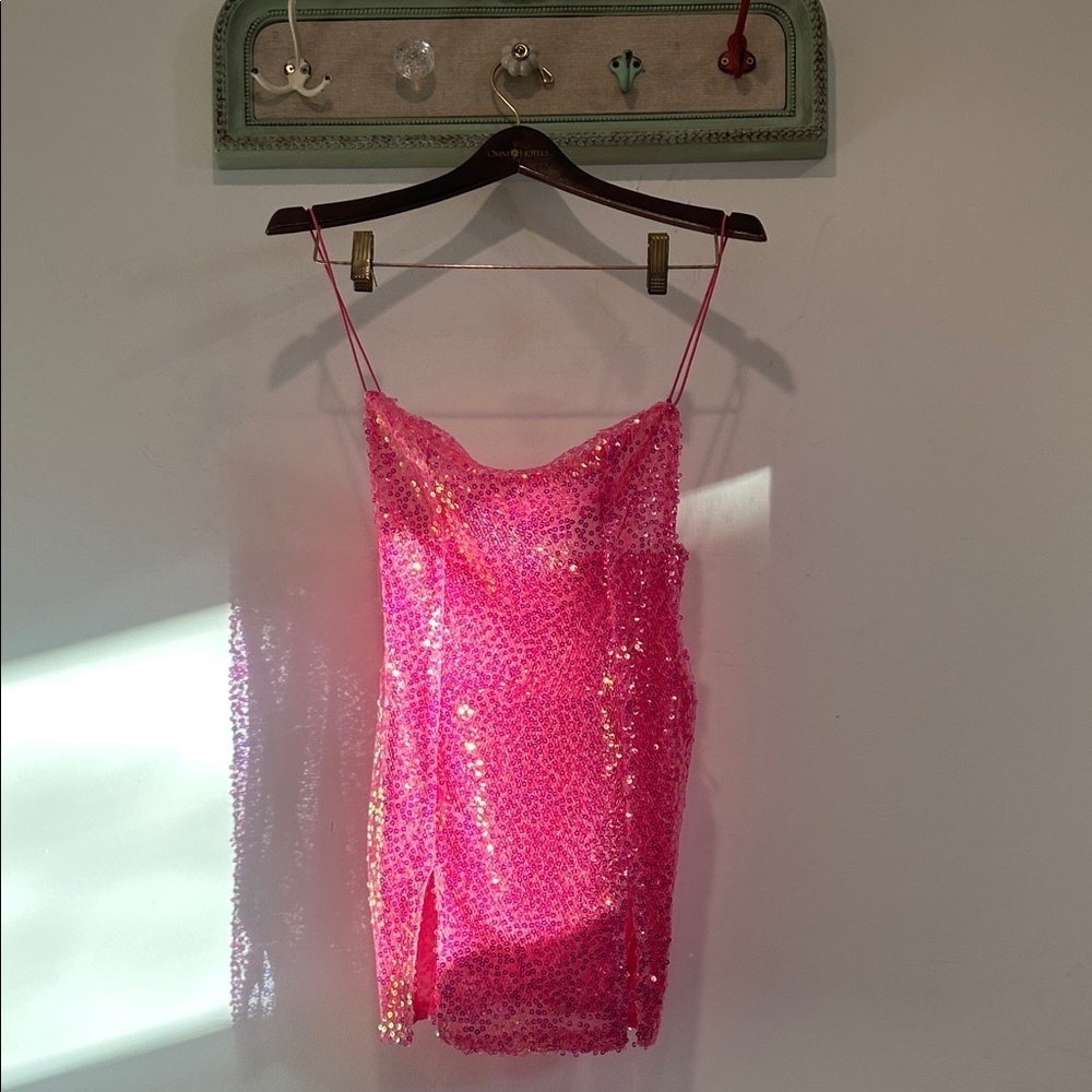 Pink Sequin Mini Slip Dress - Spaghetti Strap